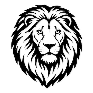 Puede incluir: Ilustración en blanco y negro de la cabeza de un león. La cara del león está centrada, con detalles como ojos, nariz y bigotes. La melena es completa y detallada, creando una imagen audaz. Adecuado para diversas aplicaciones.