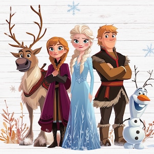 Può includere: Un gruppo di quattro personaggi del film d'animazione Frozen. I personaggi includono Elsa, Anna, Kristoff e Olaf. Elsa indossa un abito blu e bianco, Anna indossa un abito viola e nero, Kristoff indossa un abito marrone e nero e Olaf è un pupazzo di neve con un naso di carota. I personaggi sono in piedi davanti a uno sfondo di legno bianco.