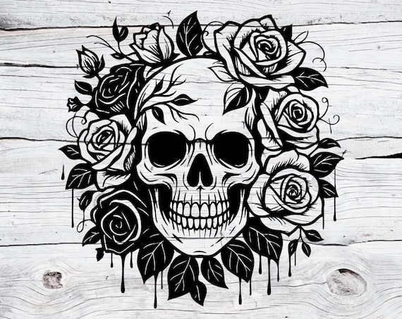 Gothic Floral Skull SVG PNG, Black and White Skull with Roses, Tattoo Style Skull Clipart, Cricut Cut File, Gothic Sublimation Design