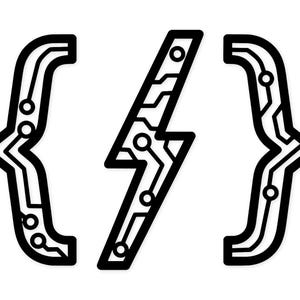 Puede incluir: Gráfico en blanco y negro de un rayo flanqueado por dos llaves. El rayo y las llaves tienen un diseño de placa de circuito, con líneas y círculos. La imagen está sobre un fondo blanco.