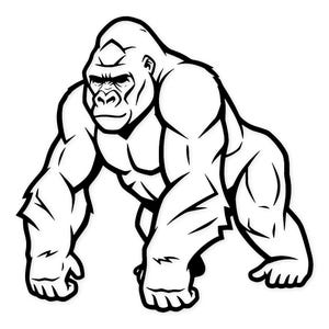 May include: A black and white illustration of a gorilla in a walking stance. The gorilla is muscular, with defined features and a stern expression. The image is a graphic design, suitable for various applications.
