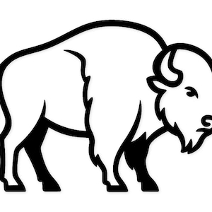 Puede incluir: Ilustración en blanco y negro de un bisonte. La imagen muestra un contorno simplificado del animal, adecuado para su uso como logotipo o elemento gráfico. El bisonte se muestra de perfil.