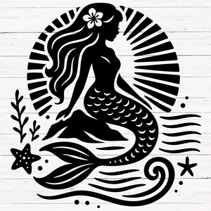 May include: Black and white silhouette of a mermaid with a flower in her hair, sitting on a rock with a sunburst behind her. The mermaid's tail is visible and there are waves and starfish around her.