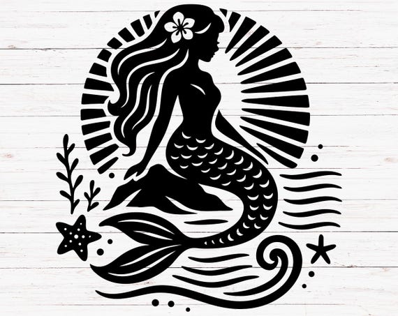 Mermaid Silhouette SVG PNG | Ocean Sunburst Mermaid Clipart | Sea Fantasy Cut File for Cricut & Silhouette