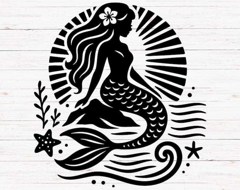 May include: Black and white silhouette of a mermaid with a flower in her hair, sitting on a rock with a sunburst behind her. The mermaid's tail is visible and there are waves and starfish around her.