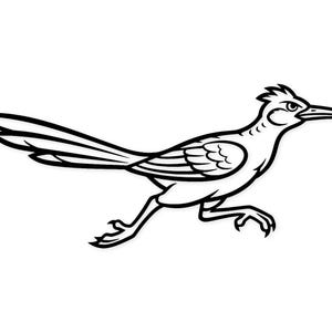 May include: Black and white illustration of a roadrunner bird in profile, running to the right. The bird has a long tail, a crest, and a long beak. The image is a cartoon style.