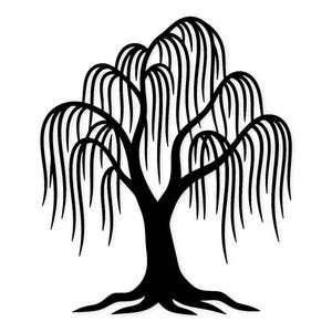 May include: A black silhouette of a weeping willow tree against a white background. The tree features a thick trunk, spreading roots, and cascading, flowing branches with long, slender leaves. The design is simple and elegant.