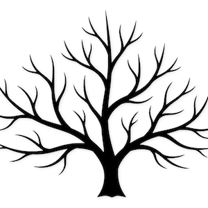 May include: A black silhouette of a tree against a white background. The tree has a thick trunk and numerous branches extending outwards, with smaller twigs at the ends. The design is simple and graphic.