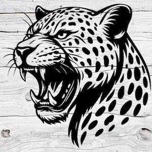 May include: Black and white illustration of a jaguar's head with an open mouth, bared teeth, and detailed spots. The image is set against a white wooden background, emphasizing the animal's fierce expression and intricate design.