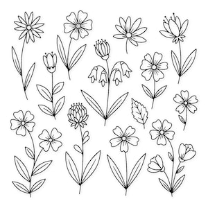 May include: A collection of black and white line art illustrations of various flowers and foliage. The drawings include different flower shapes, leaves, and stems, all rendered in a simple, elegant style, suitable for botanical or nature-themed designs.