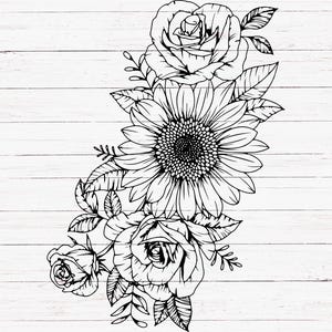 Sonnenblume Schmuck, Sonnenblume und Rosen Schmuck, Blumenstrauß Clipart, Botanische Silhouette Design, Cricut, Laser Cut-Dateien