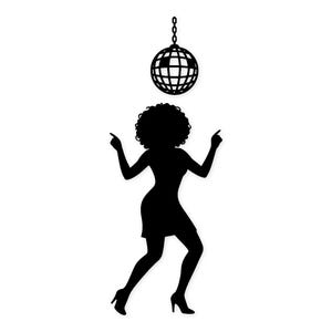 Könnte beinhalten: Schwarze Silhouette einer tanzenden Person, mit erhobenen Armen und ausgestreckten Fingern. Darüber hängt eine Discokugel an einer Kette. Die Person trägt ein Kleid und High Heels. Der Hintergrund ist weiß.