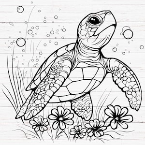 May include: A black and white line drawing of a sea turtle swimming in the ocean. The turtle is surrounded by bubbles and seaweed.