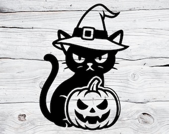 Halloween SVG | Black Cat with Witch Hat and Pumpkin | Spooky Jack O Lantern Cut File for Cricut & Silhouette