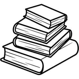 May include: A stack of four books in a black and white line drawing. The books are of varying sizes, with the largest at the bottom and the smallest on top. The books have rounded spines and are stacked neatly.