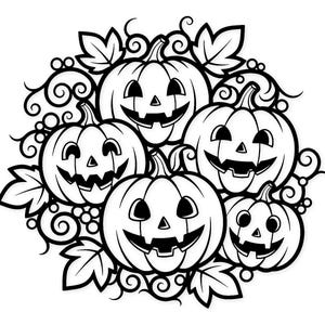 以下が含まれることがあります： 黒と白のイラストで、5つの笑顔のジャック・オー・ランタンが円形に配置されています。カボチャには彫刻された顔があり、葉と渦巻きで囲まれており、ハロウィーンに最適です。