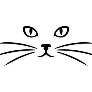Può includere: Illustrazione minimalista in bianco e nero di un volto di gatto. L'immagine presenta due occhi a mandorla, un piccolo naso e baffi. Il design è semplice e grafico, ideale per adesivi o decalcomanie.