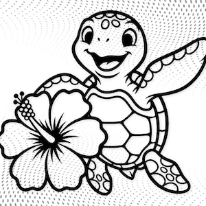 Peut inclure: Illustration en noir et blanc d'une tortue de mer souriante tenant une fleur d'hibiscus. La tortue a une carapace et des nageoires à motifs. Le fond présente un motif de points.