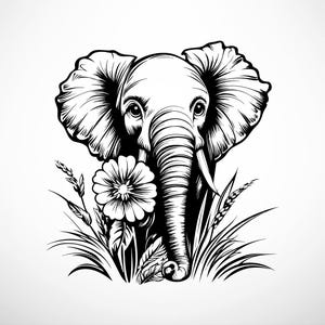 Może przedstawiać: Czarno-biała liniowa ilustracja głowy słonia z kwiatem w trąbie. Słoń jest otoczony trawą i liśćmi.