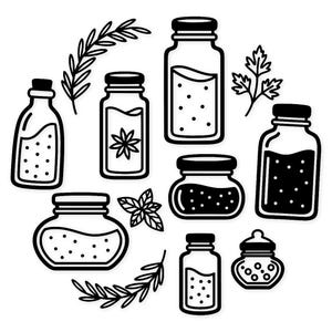 May include: Black and white line art illustration of various spice jars and bottles, some with contents and others empty. The jars are arranged in a circular pattern with sprigs of herbs and spices interspersed between them.