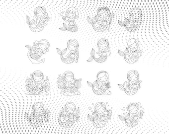 人魚の線画SVG：クラフト用人魚イラスト（デジタルダウンロード）
