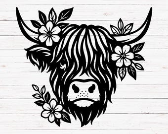 Highland Cow SVG PNG | Floral Highland Cow Head with Dolphins | Farm Animal Cut File for Cricut & Silhouette