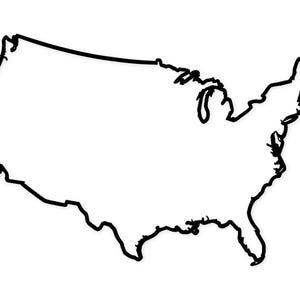 May include: A black and white outline of the United States of America. The image shows the contiguous 48 states, with a detailed depiction of the coastline and state borders. The design is simple and clean, suitable for various applications.