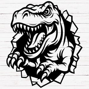 Peut inclure: Illustration en noir et blanc d'une tête de dinosaure brisant un mur. Le dinosaure a des dents acérées et une expression féroce.