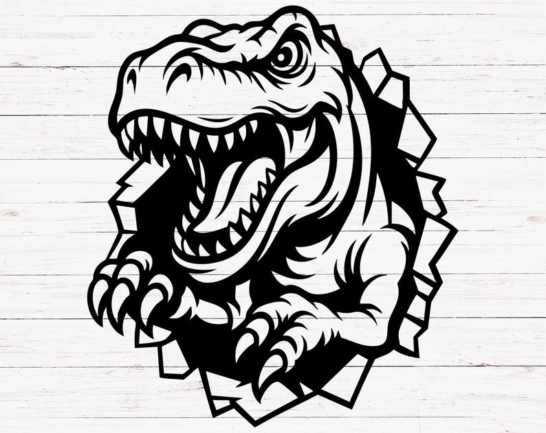 May include: Black and white illustration of a dinosaur head breaking through a wall. The dinosaur has sharp teeth and a fierce expression.