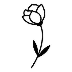 May include: A black and white line drawing of a flower. The flower has a rounded bud with multiple petals, a long stem, and two leaves. The image is set against a white background.