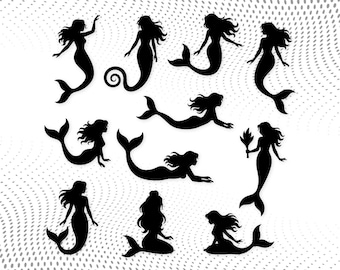 人魚のシルエットのデジタルアート：SVG、PNG、DXFファイルセット