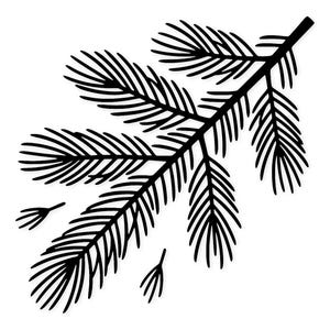 May include: A black and white illustration of a fir tree branch. The branch is detailed with many small needles and a few detached sprigs. The design is simple and graphic, suitable for festive crafts or decorations.