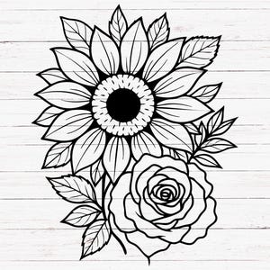 Sunflower and Rose SVG PNG | Floral Line Art Cut File | Flower Bouquet Outline for Cricut & Silhouette