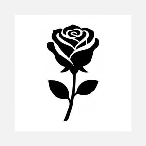 May include: A black and white illustration of a rose. The rose is in full bloom, with detailed petals and leaves. The stem is straight, and the leaves are symmetrical. The image is a simple, elegant design, perfect for various applications.