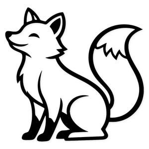 Könnte beinhalten: Schwarz-weiße Illustration eines Fuchses in sitzender Position. Der Fuchs hat einen lächelnden Ausdruck und einen flauschigen Schwanz. Der Umriss ist dick und der Hintergrund ist weiß.