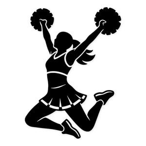 Może przedstawiać: Czarno-biała sylwetka cheerleadera skaczącego w powietrzu, trzymającego dwa pompony nad głową. Ma na sobie strój cheerleadera ze spódnicą i trampkami. Obraz jest na białym tle.