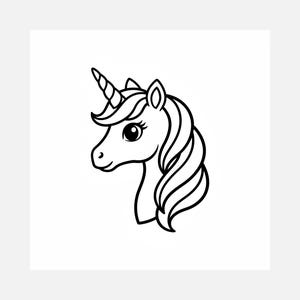 Peut inclure: Illustration en noir et blanc d'une tête de licorne. La licorne a une corne en spirale, une crinière fluide et un œil détaillé. L'image est un simple dessin au trait sur fond blanc, adapté à diverses applications.