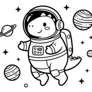 Puede incluir: Ilustración en blanco y negro de un dinosaurio astronauta de dibujos animados flotando en el espacio. El dinosaurio lleva un traje espacial y un casco, rodeado de planetas y estrellas. Un diseño lindo y caprichoso.