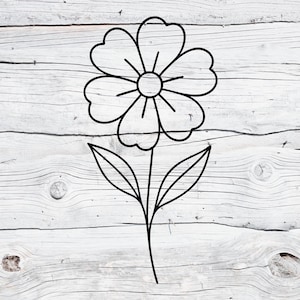 Könnte beinhalten: Eine schwarze Strichzeichnung einer Blume mit fünf Blütenblättern, zwei Blättern und einem Stiel. Die Blütenblätter der Blume sind herzförmig. Das Bild ist vor einem weißen Holzhintergrund platziert.