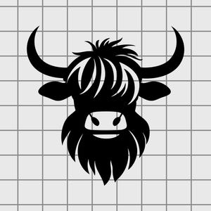 May include: Black and white silhouette of a Highland cow head with long, shaggy hair and horns.