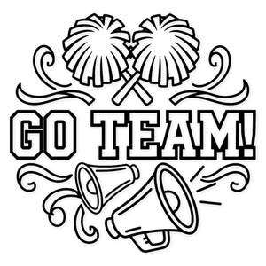 Op de afbeelding: Zwart-wit afbeelding met de tekst "GO TEAM!". Het ontwerp bevat gekruiste pompons, twee megafoons en decoratieve krullen, perfect voor cheerleading of teamgeest.