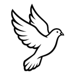 May include: A black and white illustration of a dove in flight. The bird is depicted with its wings spread, showcasing detailed feather outlines. The dove's body is white, and the outline is black.