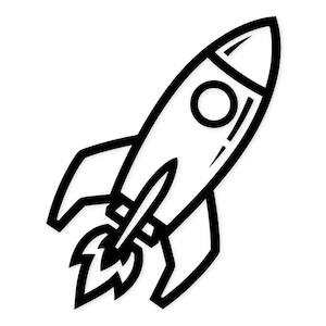 May include: A black and white line drawing of a rocket ship blasting off. The rocket has a pointed nose, a circular window, and fins. Flames erupt from the engine, suggesting movement and speed. The design is simple and graphic.