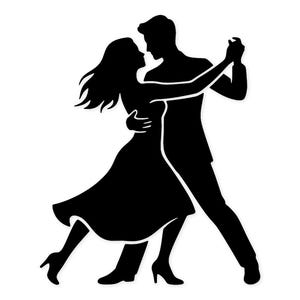 Può includere: Silhouette nera di una coppia che balla. La donna indossa un abito lungo e tacchi, l'uomo un completo. Sono in un abbraccio stretto, che suggerisce un tango o un ballo da sala. Lo sfondo è bianco.