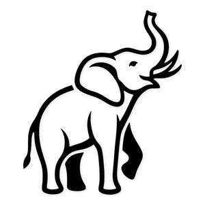 May include: A black and white line drawing of an elephant with its trunk raised. The elephant is depicted in a side profile, with its large ears and tusks clearly visible. The design is simple and graphic, suitable for various applications.