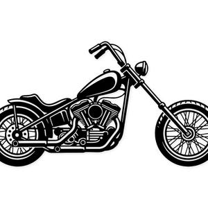 May include: Black and white illustration of a classic motorcycle. The image features a detailed side view of a chopper-style bike with a teardrop fuel tank, a solo seat, and large tires. The handlebars are high, and the engine is prominently displayed.