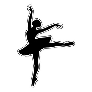 May include: A black silhouette of a ballerina in a graceful pose, with one leg extended and arms raised. The dancer is wearing a tutu and pointe shoes, outlined in white against a white background.