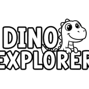 Puede incluir: Gráfico en blanco y negro con el texto "DINO EXPLORER" y un dinosaurio de dibujos animados. El dinosaurio tiene ojos grandes y una sonrisa amistosa. El texto está en negrita y contorneado.
