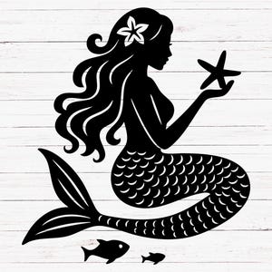 Mermaid Silhouette SVG PNG | Starfish Mermaid Clipart | Ocean Fantasy Cut File for Cricut & Silhouette