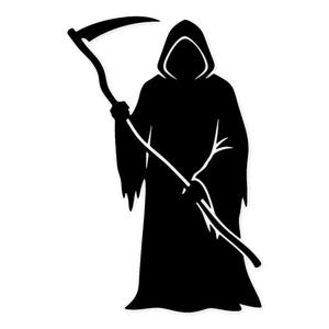 Può includere: Una silhouette nera della Morte, una figura incappucciata che tiene una falce. La figura è raffigurata in una veste fluente, con la falce tenuta in posizione verticale. L'immagine è un'illustrazione grafica semplice.